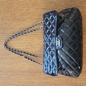 Vintage Black Patent Leather Quilted Bag Woven Straps